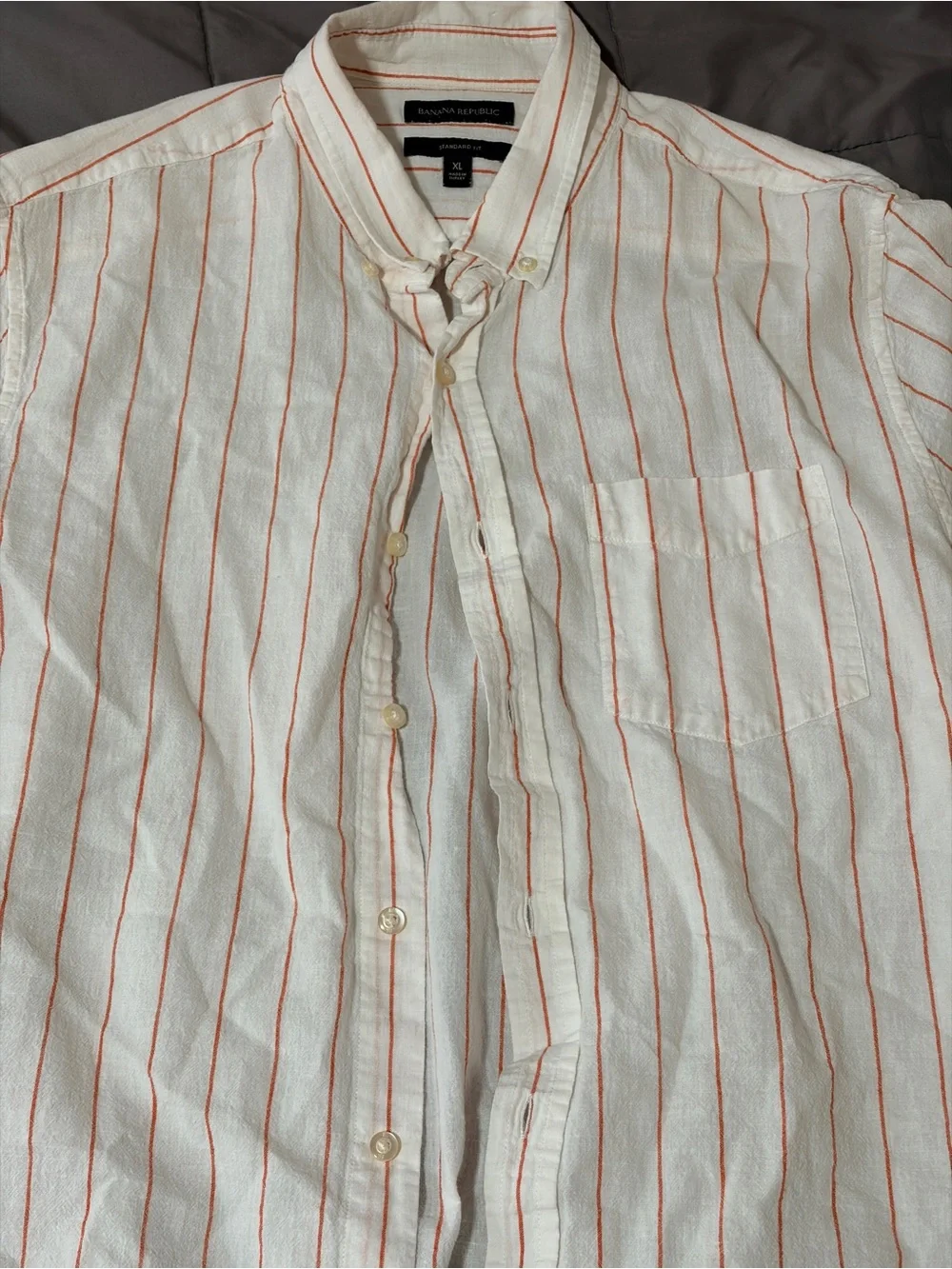 Banana Republic White Short-Sleeve Button-Down with Orange Stripes